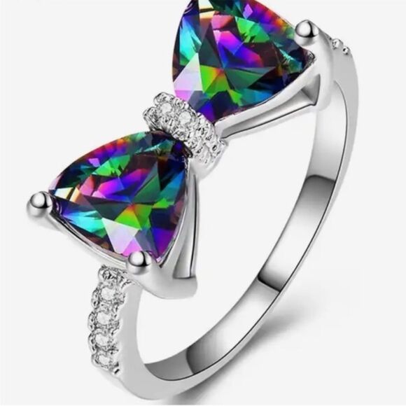 🌟SET!  925 Rainbow Diamond CZ Bowknot Ring & Matching Earrings New Gift Box - Picture 7 of 7